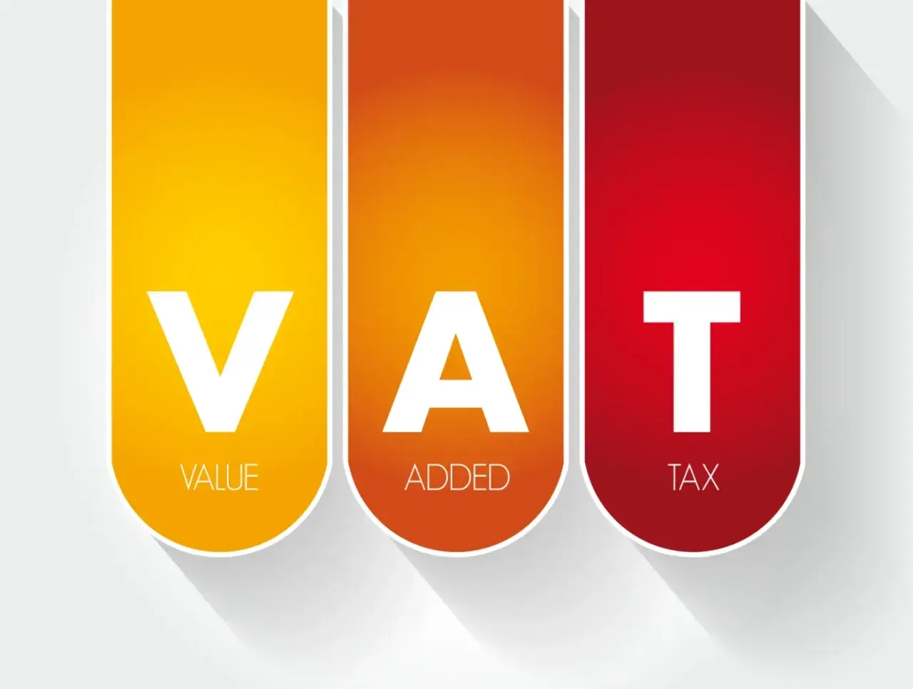 Trzy pionowe, kolorowe prostokąty z białymi literami: V, A, T. Pod nimi napisy: VALUE, ADDED, TAX. Podatek należny.