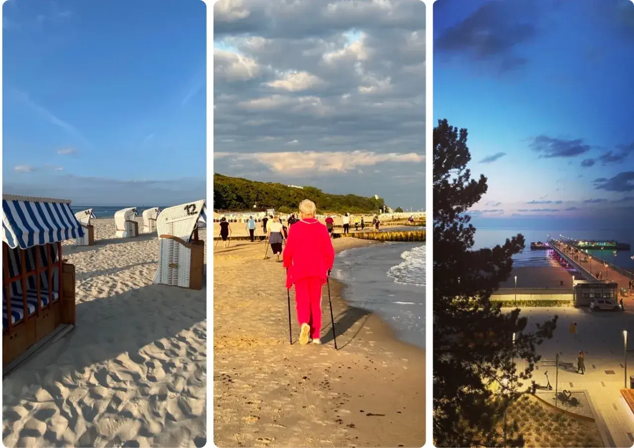 Słoneczna plaża, spacerująca seniorka z kijkami, wieczorny molo. Idealny "perła bałtyku pakiet seniora".