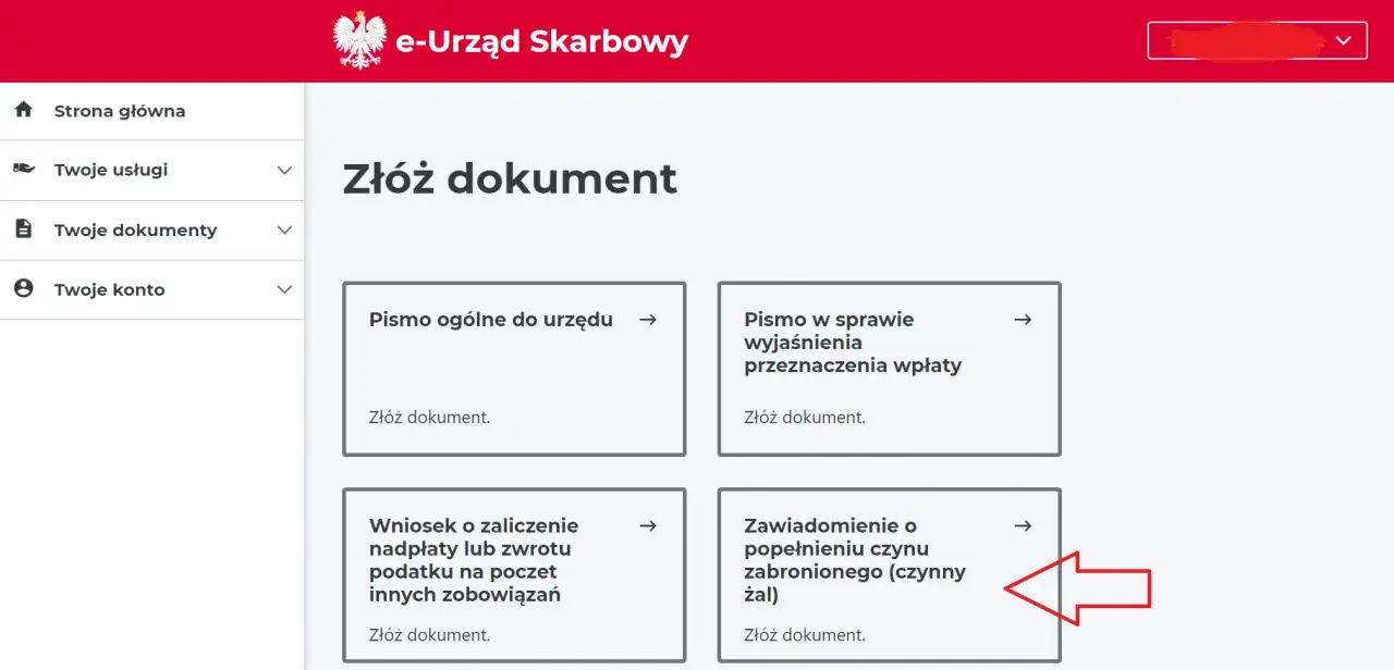 Zawiadomienie o popełnieniu czynu zabronionego (czynny żal) - opcja złożenia dokumentu w e-Urzędzie Skarbowym.