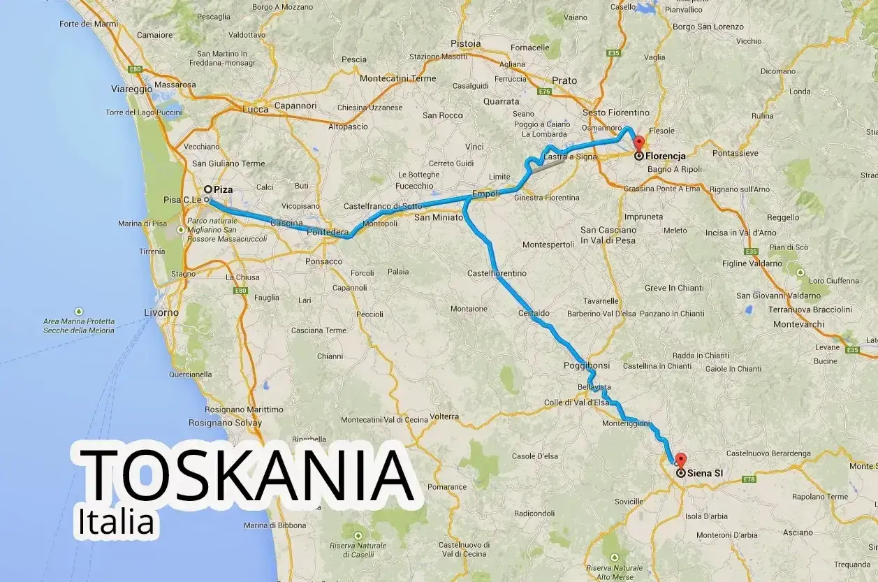 Trasa z lotniska w Toskanii przez Pizę do Florencji i Sieny.