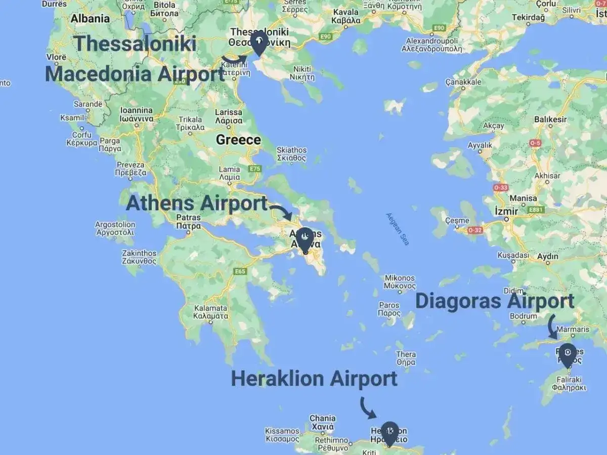 Mapa z zaznaczonymi lotniskami w Grecji: Macedonia Airport, Athens Airport, Diagoras Airport, Heraklion Airport.