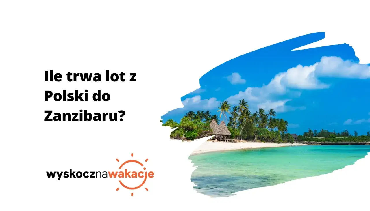 Tropikalna plaża z palmami i turkusową wodą. Pytanie: ile się leci na Zanzibar?
