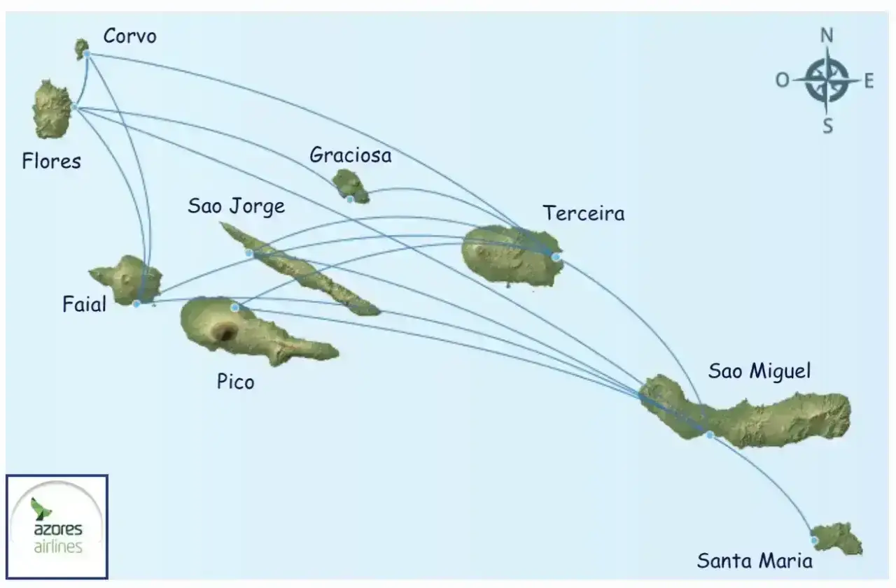 Mapa Azory: siatka połączeń lotniczych między wyspami. Lotnisko na Sao Miguel, Terceira i innych.