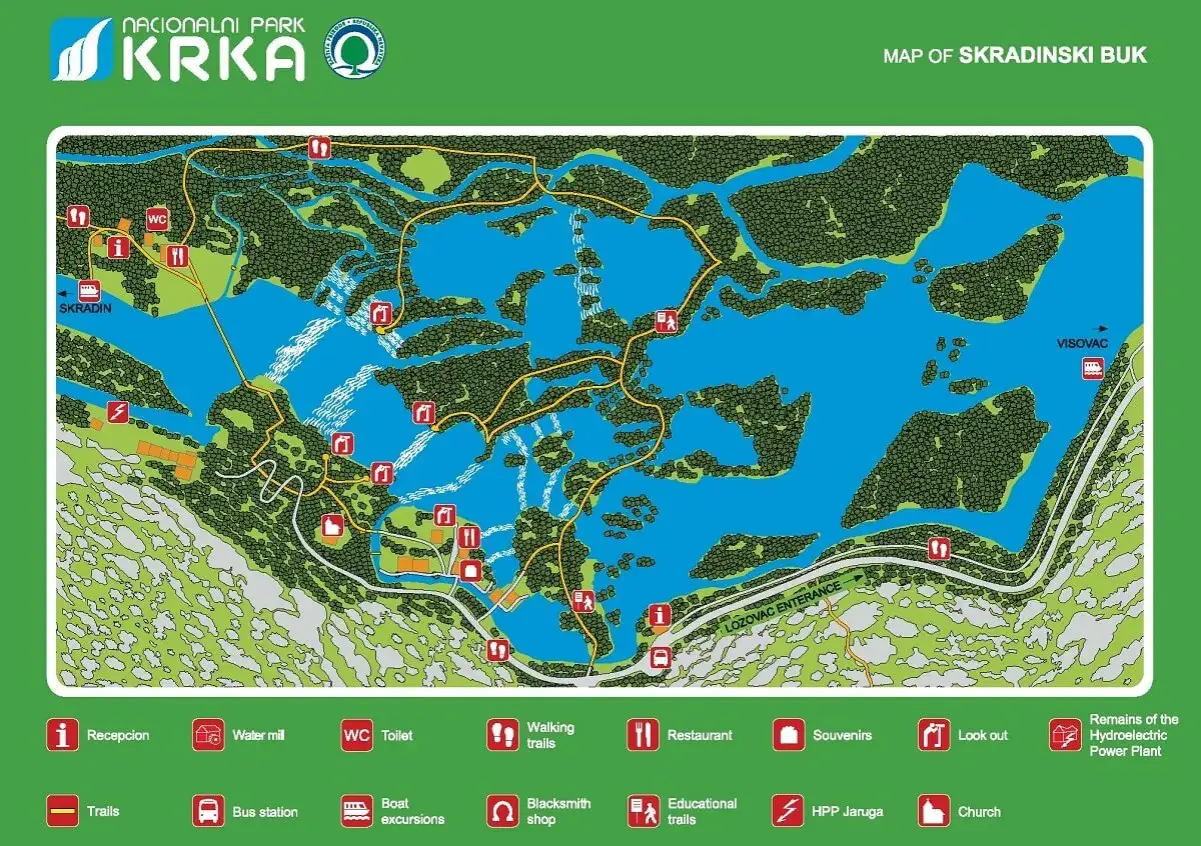 Mapa Parku Narodowego Krka, ukazująca sieć szlaków, wodospady, punkty widokowe i inne atrakcje.