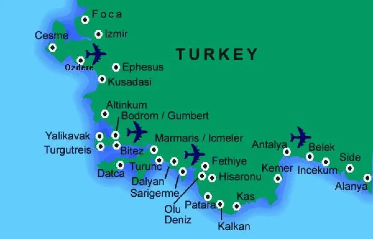 Mapa turystyczna popularnych kurort&oacute;w w Turcji