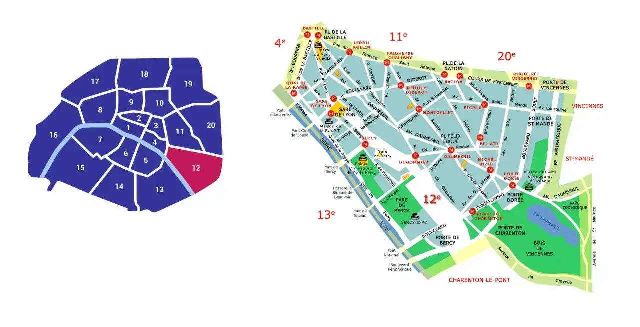Mapa dzielnic Paryża z zaznaczonymi atrakcjami