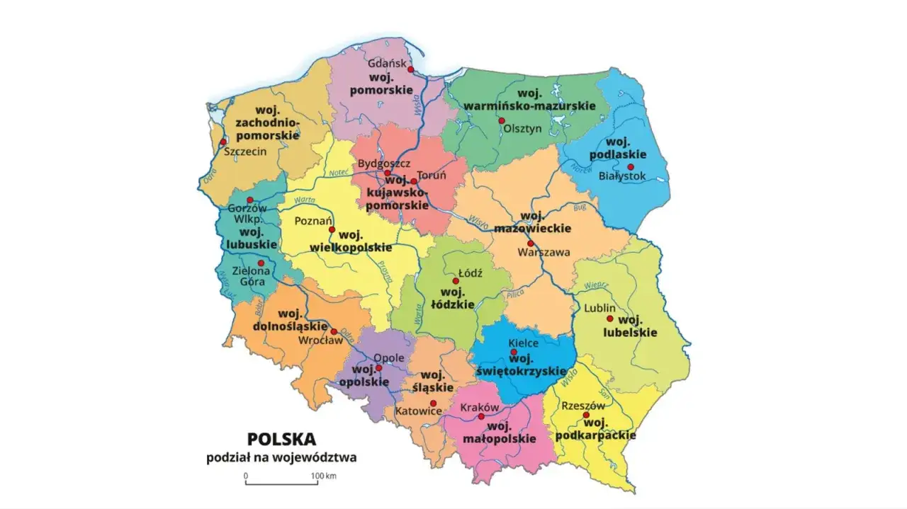 Mapa administracyjna województwa zachodniopomorskiego z zaznaczonym Szczecinem