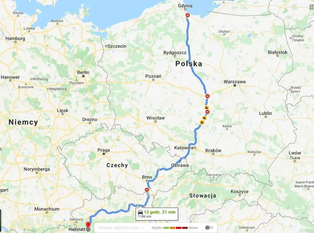 Trasa z Gdyni przez Polskę, Czechy i Austrię do Hallstatt. Planujesz włochy samochodem? Ta mapa pokazuje drogę, czas i dystans.