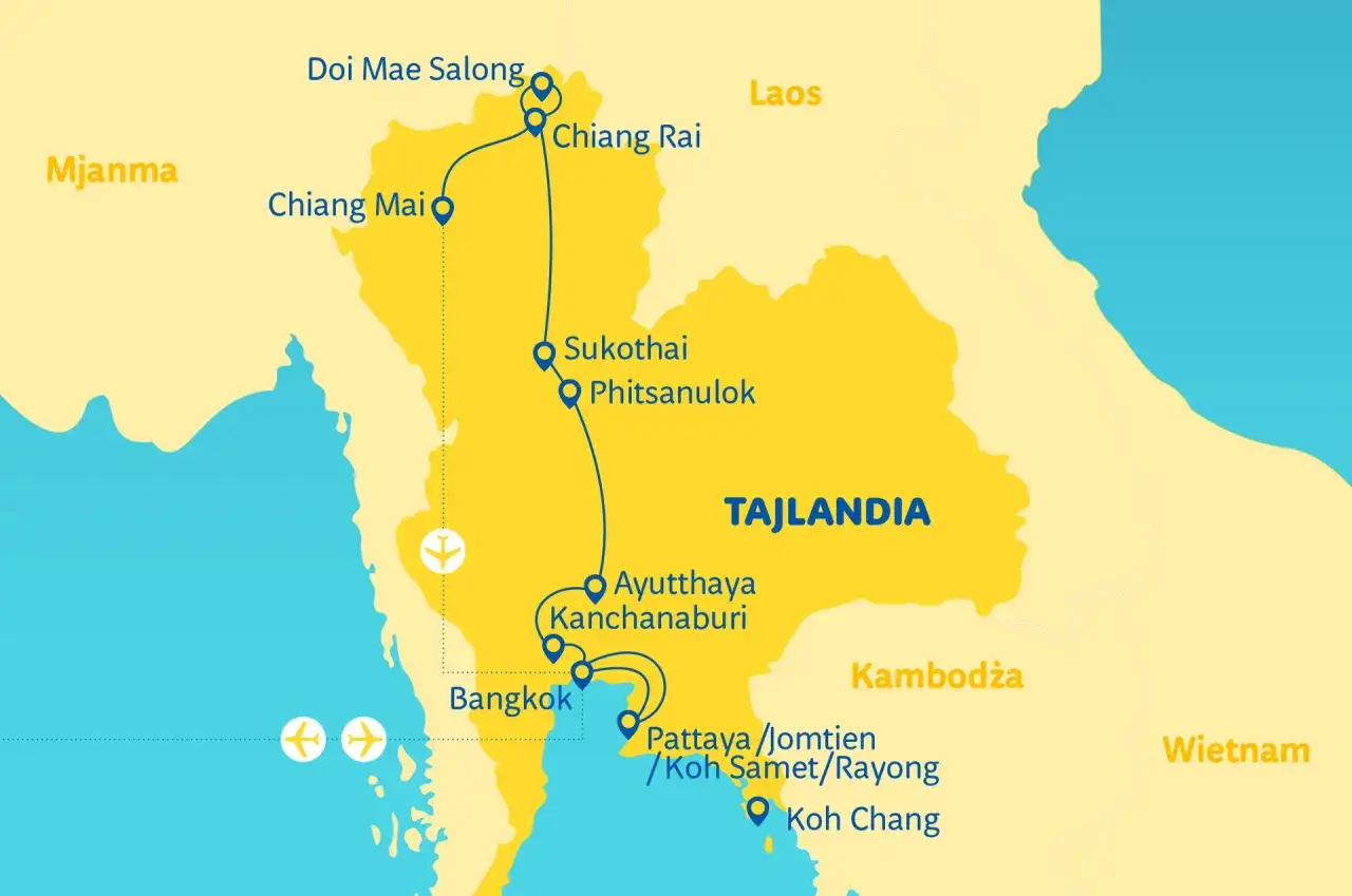 Mapa Tajlandii z zaznaczonymi miastami: Chiang Mai, Bangkok, Pattaya. Zastanawiasz się, ile się leci do Tajlandii? Ta mapa pokazuje trasę podróży.