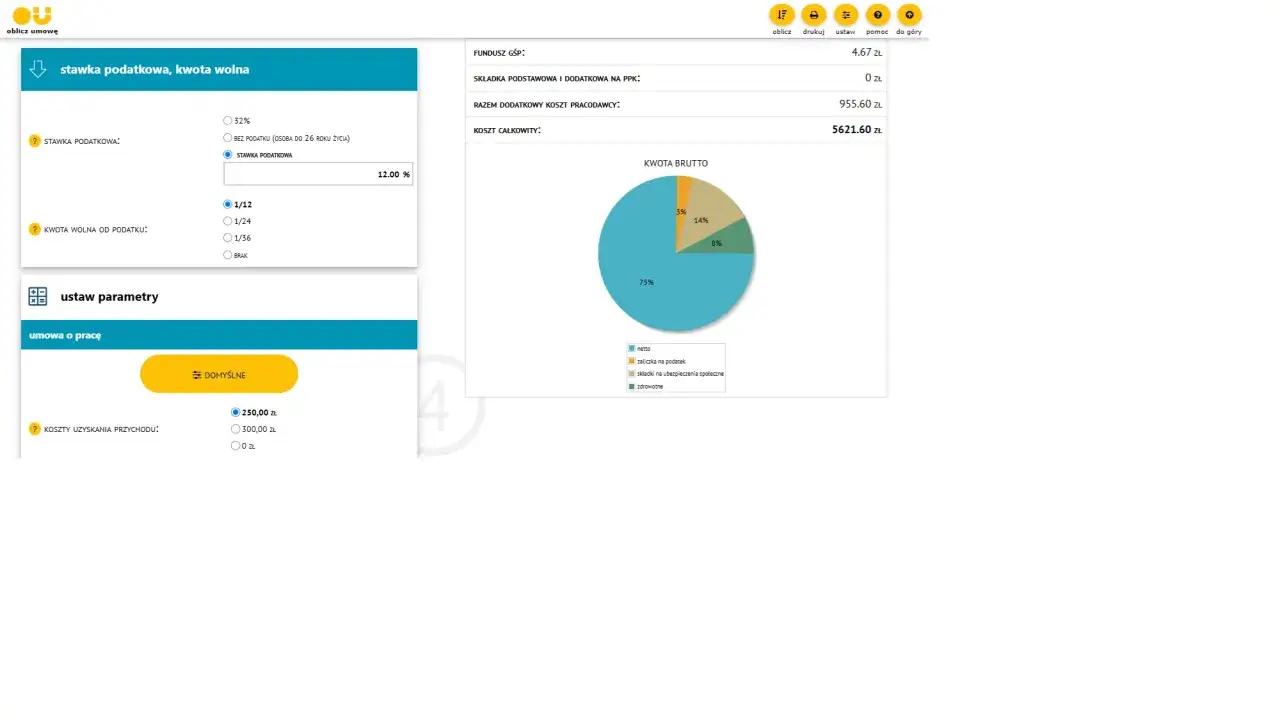 Kalkulator pokazuje, że przy stawce 12% i kwocie wolnej 1/12, drugi próg podatkowy ile netto wynosi 5621,60 zł.