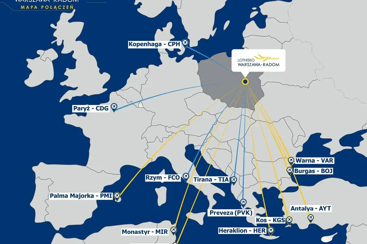 Mapa połączeń z Warszawy-Radom. Sprawdź, ile się leci do Grecji, np. na Kretę (Heraklion) lub Kos.