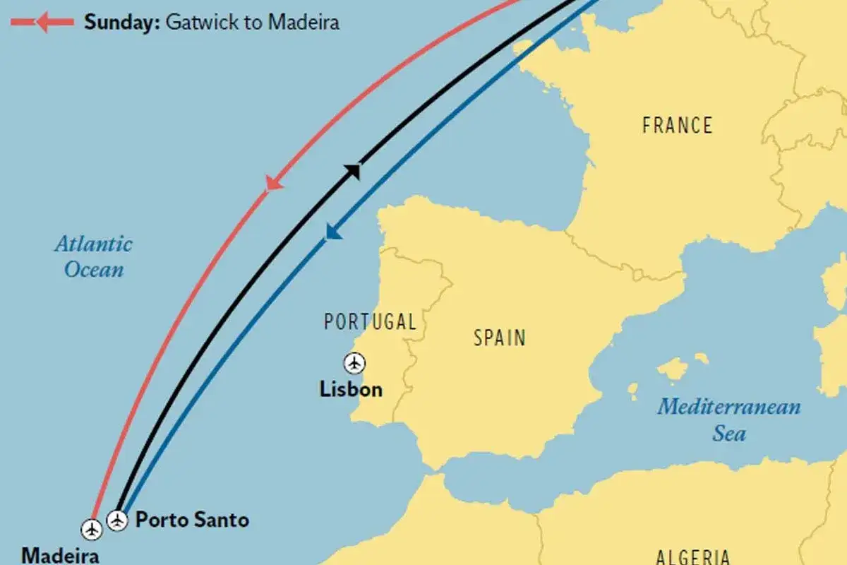 Trasy lotnicze z Europy do Madery. Czerwona linia pokazuje niedzielny lot z Gatwick. Zastanawiasz się, ile się leci na Maderę?