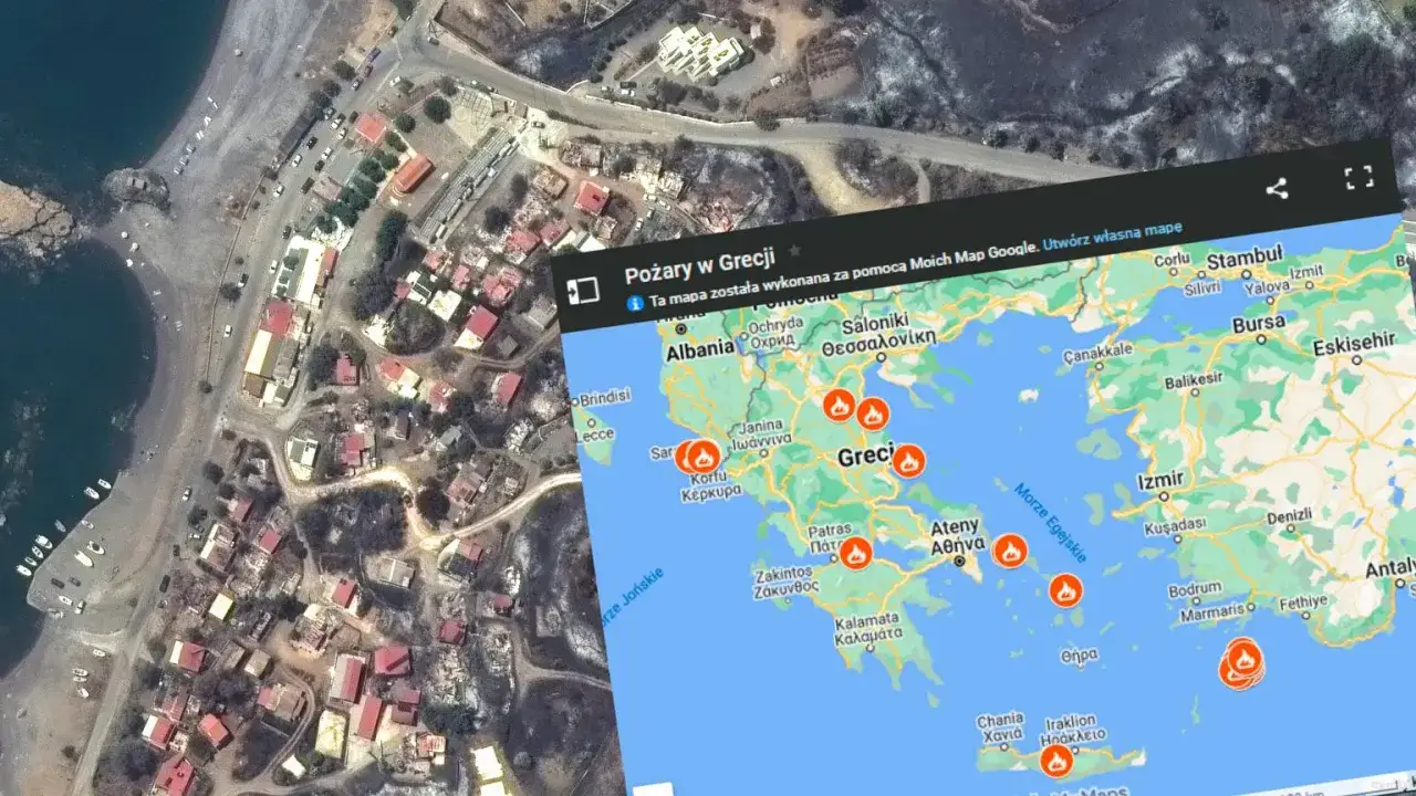 Widok z lotu ptaka na zniszczone przez pożary domy na Krecie. Nałożona mapa Google pokazuje obszary objęte pożarami w Grecji.