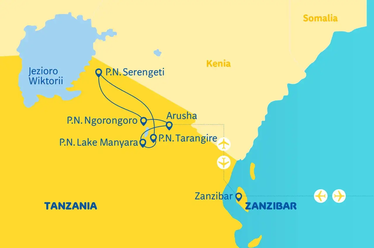 Mapa tras podróży po Tanzanii: Jezioro Wiktorii, parki narodowe Serengeti, Ngorongoro, Manyara, Tarangire, Arusha i Zanzibar. Idealne na wakacje w Tanzanii.