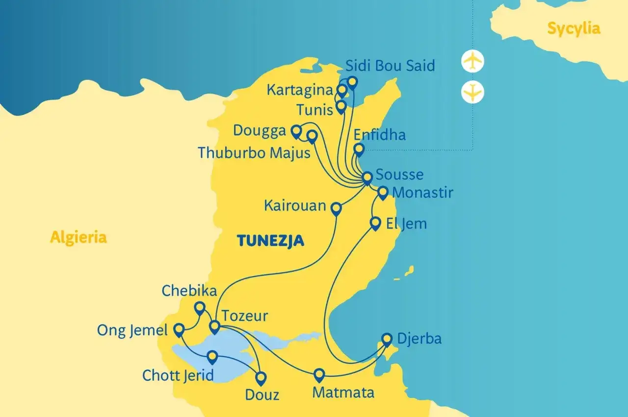 Mapa Tunezji z zaznaczonymi miastami i trasami podróży, w tym lotniska w Tunezji.