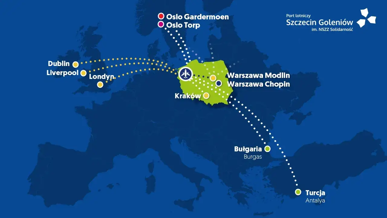 Mapa połączeń lotniczych z lotnisk w Warszawie do Europy, w tym do Londynu, Oslo, Krakowa, Burgas i Antalyi.