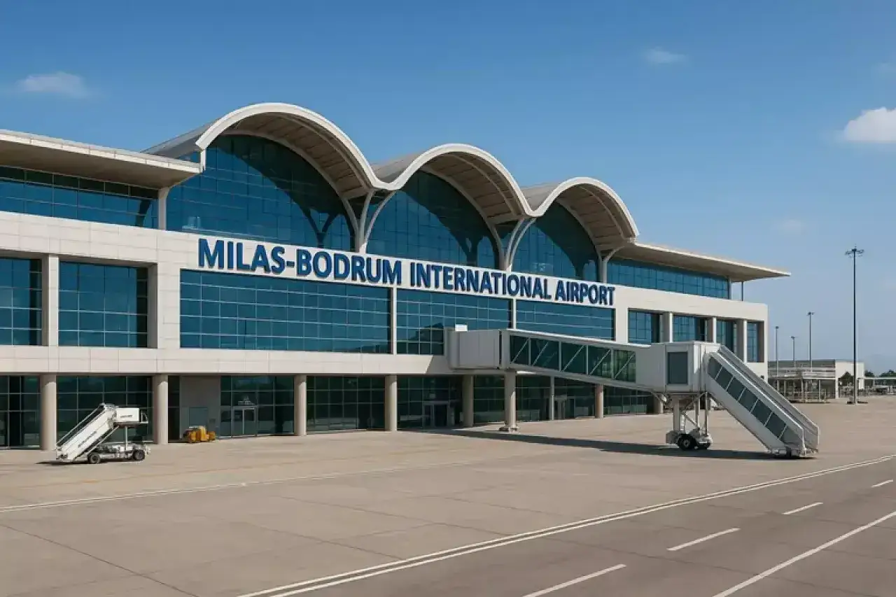 Nowoczesny budynek lotniska Milas-Bodrum International Airport z niebieskimi oknami i falistym dachem. Widoczny rękaw i schody samolotowe.
