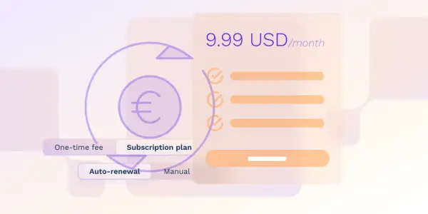Grafika przedstawia schemat modelu subskrypcyjnego z ceną 9.99 USD/miesiąc i symbolem euro.