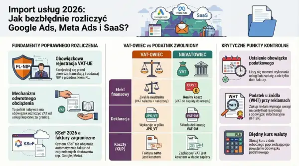 Import usług 2026: rozliczenie Google Ads, Meta Ads i SaaS. Kluczowe punkty kontrolne, VAT-owiec vs zwolniony, mechanizm odwrotnego obciążenia.