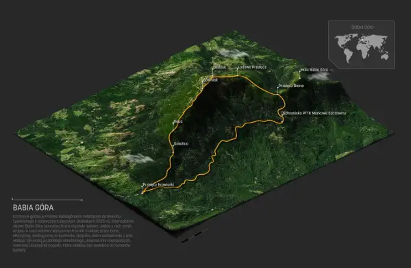 Trójwymiarowa mapa Babiej Góry z zaznaczonymi szlakami i nazwami szczytów.