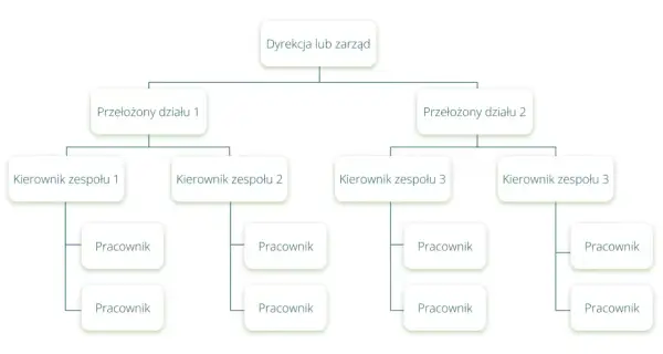 Schemat przedstawia strukturę organizacyjną firmy: Dyrekcja, przełożeni działów, kierownicy zespołów i pracownicy.