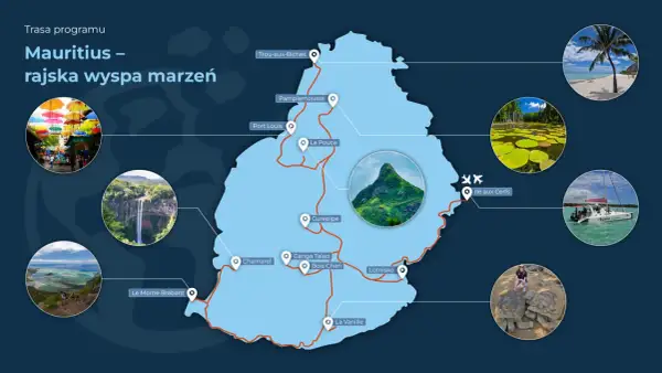 Mapa pokazuje, gdzie leży Mauritius, z zaznaczonymi atrakcjami: plażami, wodospadami, ogrodem botanicznym i żółwiami.