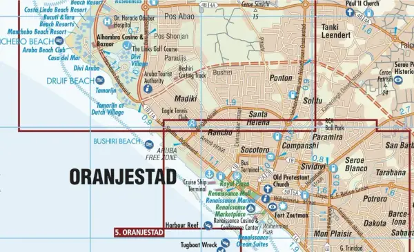 Mapa pokazuje, gdzie jest Aruba, z zaznaczonymi plażami jak Druif Beach i Bushiri Beach, oraz miastem Oranjestad.