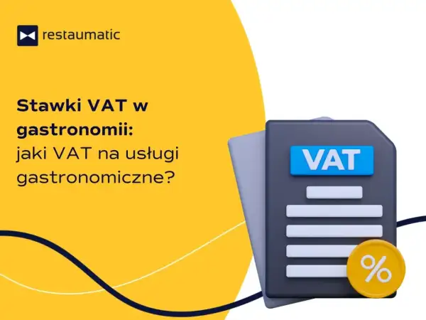 Grafika informuje o stawkach VAT w gastronomii, prezentując ikonę dokumentu z napisem VAT i monetę z procentem.