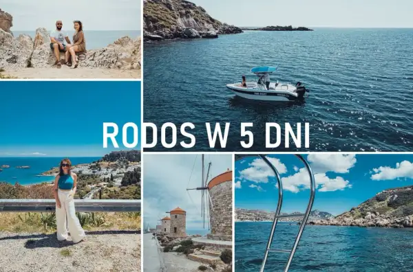 Kolaż zdjęć z Rodos: para na skałach, łódź na morzu, kobieta z widokiem na miasto, wiatraki, drabinka do wody.