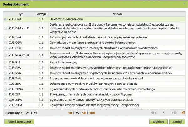 Wybór dokumentu ZUS DRA - deklaracja rozliczeniowa. Lista zawiera różne typy dokumentów ZUS.