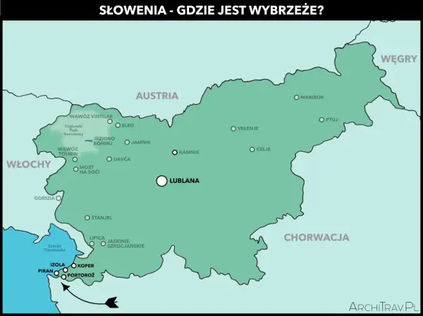 Mapa Słowenii z zaznaczonym wybrzeżem. Widać miasta takie jak Piran, Izola, Koper, Portorož, które tworzą słowenia morze.