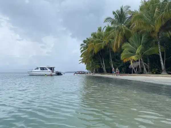 Rajska plaża na San Blas z palmami, łodzią i ludźmi kąpiącymi się w turkusowej wodzie.