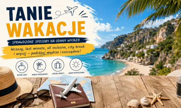 Tanie wakacje: plaża, palmy, walizka, samolot, kapelusz, okulary, paszport, muszle.