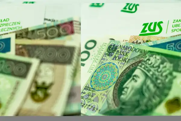 Polskie banknoty 100, 200, 500 zł i logo ZUS. Obrazek nawiązuje do wysokości składki ZUS na ryczałcie.