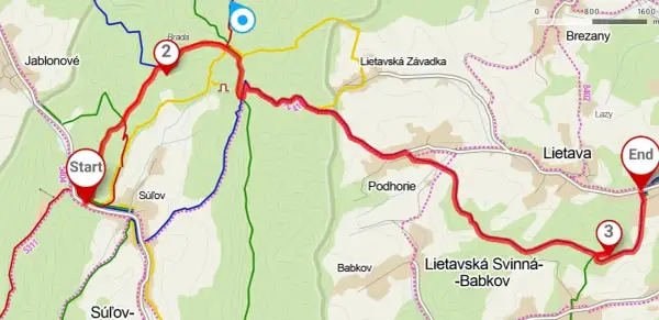 Mapa szlaku turystycznego w Słowacji, prowadzącego przez tereny skalne. Start w Jablonové, meta w Lietavie.