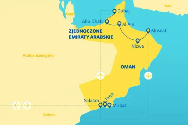Mapa pokazuje, gdzie jest Oman, sąsiednie Zjednoczone Emiraty Arabskie, Arabia Saudyjska i Jemen. Zaznaczone miasta to Dubaj, Al Ain, Nizwa, Maskat, Salalah, Taqa i Mirbat.