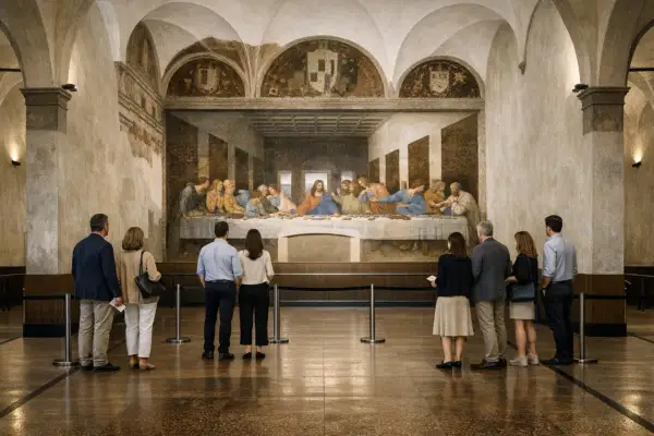Ostatnia Wieczerza. Tłum turystów z biletami podziwia słynny fresk Leonarda da Vinci.