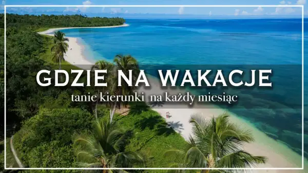 Tropikalna plaża z palmami i turkusową wodą, z napisem "Gdzie na wakacje".