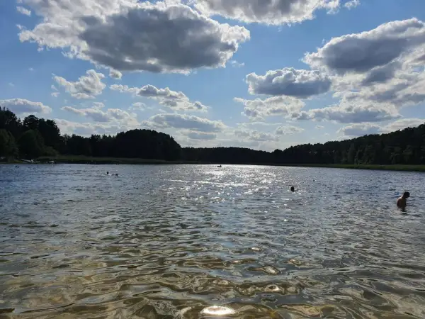 Słoneczny dzień nad jeziorem w Złotnikach Kujawskich. Kąpiel w chłodnej wodzie, otoczonej zielonym lasem, to idealny relaks.