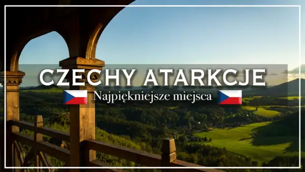 Drewniana altana z widokiem na malownicze krajobrazy Czech, krainy bohemii. Napis "CZECHY ATRAKCJE Najpiękniejsze miejsca".