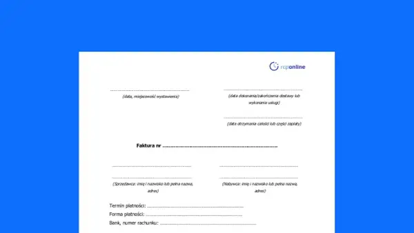 Szablon faktury z polami do wypełnienia: data, numer faktury, dane sprzedawcy i nabywcy, termin płatności, forma płatności, bank. Widoczny jest też symbol "vat naliczony".